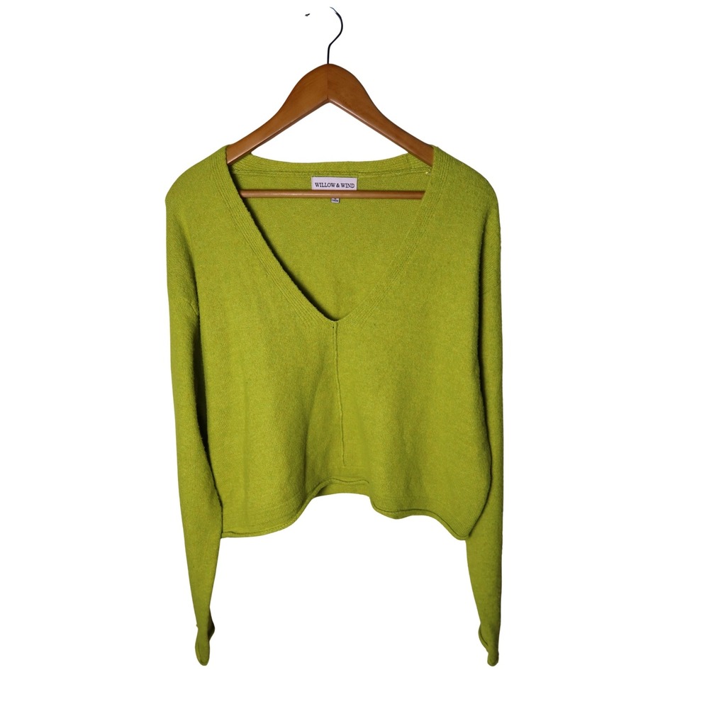 Willow & Wind Lime Green Chartreuse V-Neck Cropped Sweater Womens Small EXCL